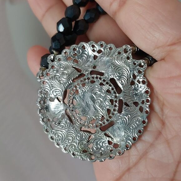 SOLD Vintage Faceted Glass Crystals Necklace with Round Rhinestone Paved Pendant - Picture 8 of 8